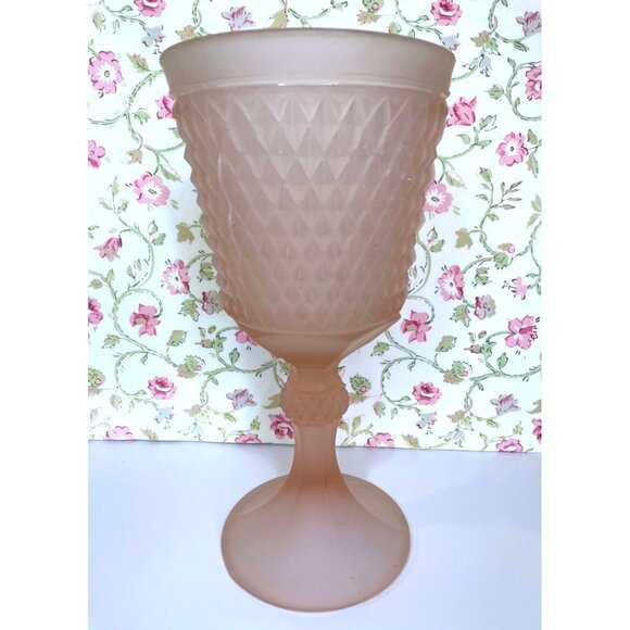 Vintage Pink Satin Diamond Point Chalice Vase, Frosted Depression Glass - Picture 1 of 11